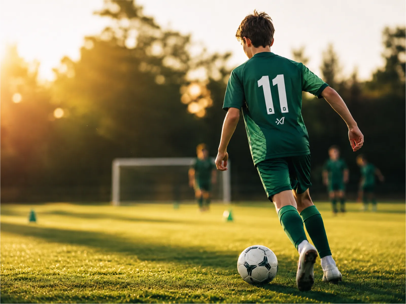 Jeugdspeler aan de bal op een grasveld bij gouden avondlicht