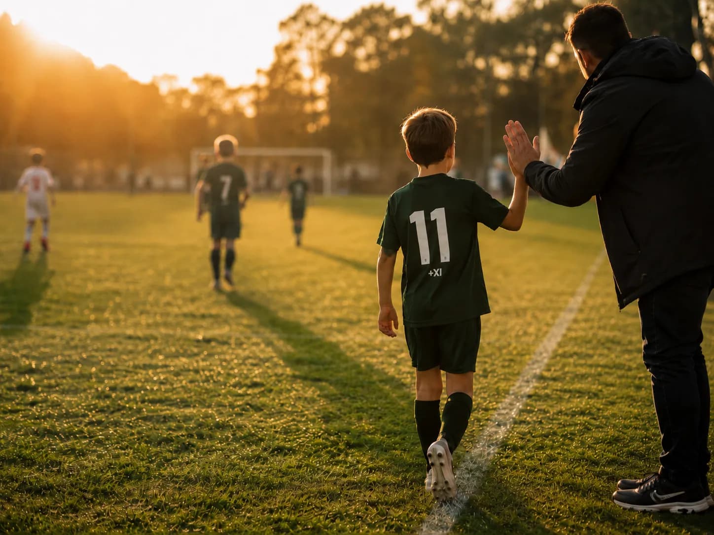 Ouder en kind langs het voetbalveld
