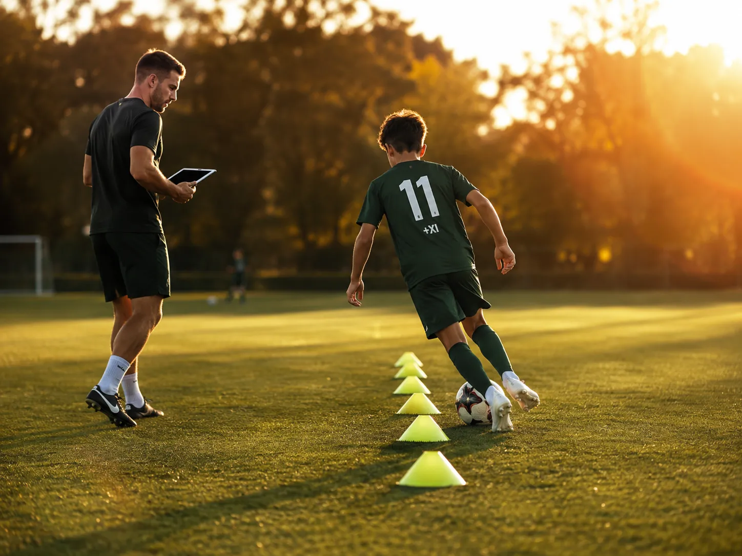 Voetbalkadercoach begeleidt langs het veld