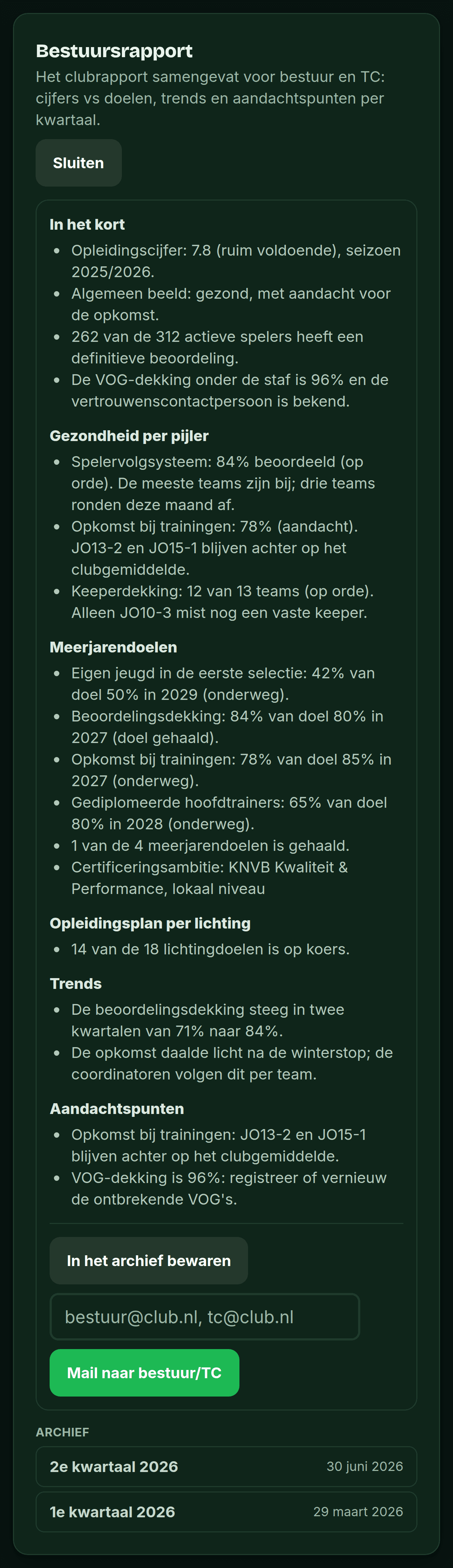 PlusXI-scherm: het kwartaalrapport voor bestuur en TC met cijfers naast doelen, meerjarendoelen, trends en aandachtspunten.