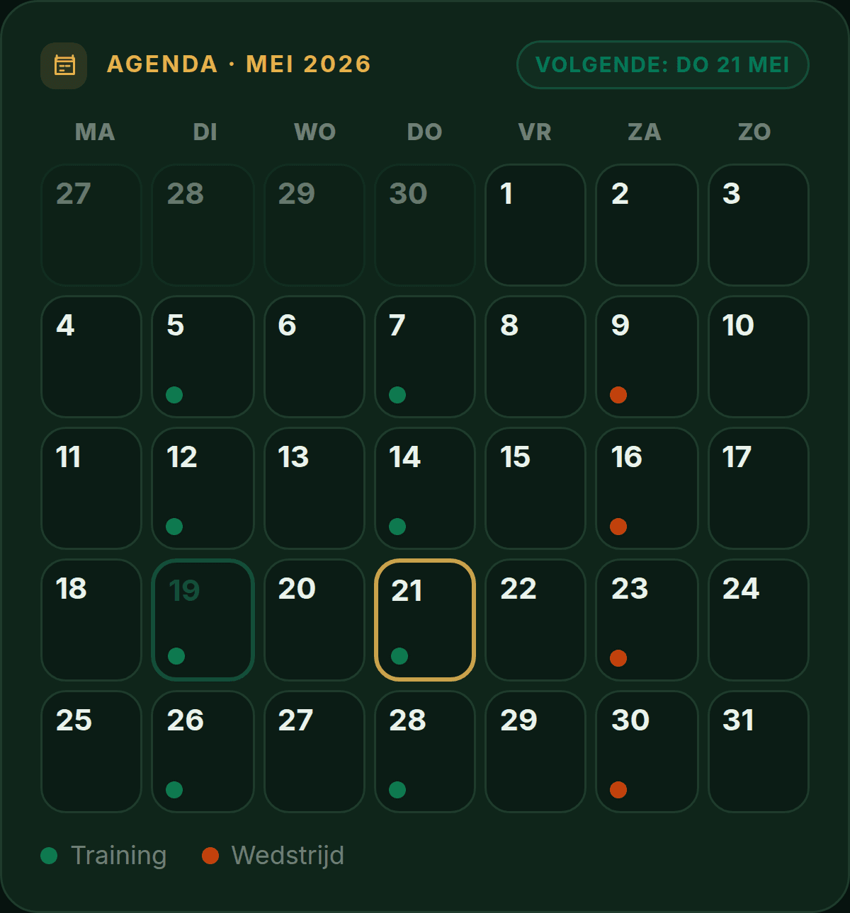 PlusXI-scherm: het maandrooster met trainingen en wedstrijden als stippen, vandaag en de eerstvolgende dag gemarkeerd.