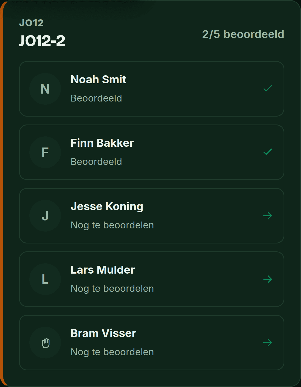 PlusXI-scherm: de spelers van JO12-2 in dezelfde lichting, elk met een beoordeeld-status.